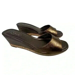 Talbots Women's Wedge Sandals Size 9.5 Copper Brown Leather Open-Toe Slip-On